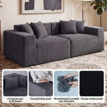 Costway Modularna sofa bez okvira od baršuna 204 cm, siva, dvosjed s 4 jastuka za naslon