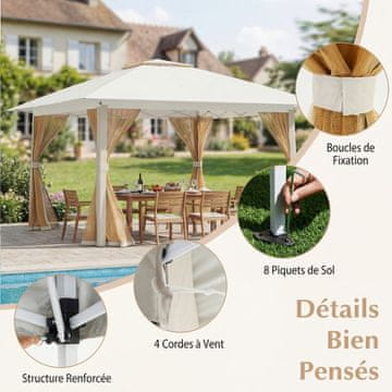 Costway Pop-Up Gazebo 394x394 cm Bež s Mrežom Protiv Komaraca i Dvostrukim Krovom