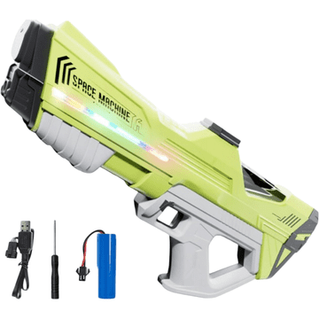 Nikcorp Električni vodeni pištolj SPACE MACHINE za djecu i odrasle, automatski na baterije, zeleni, domet 13m, 42cm, ABS plastika, 50 min rada, USB-C