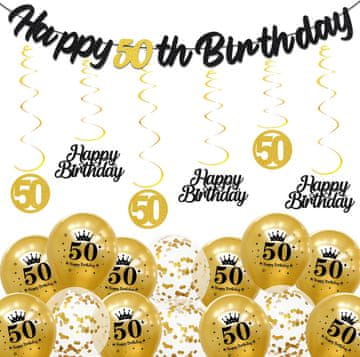 Nikcorp Set ukrasa za 50. rođendan batnite, crno-zlatna girlanda i baloni, 36 komada, elegantni party dekor, natpis Happy 50th Birthday, viseće spirale, konfeti, za unutarnju i vanjsku upotrebu, višekratna