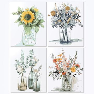 Nikcorp Set 4 slike za bojanje po brojevima, cvjetni motivi, DIY umjetnički set za odrasle i djecu, 40x50 cm svaka, visoko kvalitetno platno, akrilne boje, 12 kistova, pribor za montažu, opuštajuća kreativna