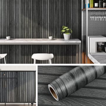Nikcorp Samoljepljiva tapeta za namještaj 3D Antracit Drvo, PVC, vodootporna, periva, 40 cm x 10 m, za kuhinju, kupaonicu, zidove, ormare, radne ploče, staklo, plastiku, pločice