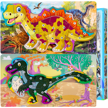 Nikcorp Drvene Montessori Puzzle za Djecu Dinosaurusi i Brojanje, Set od 2 komada, Svaka slagalica ima 20 elemenata, Edukativna igračka za razvoj fine motorike i učenja brojeva, Izrađene od sigurnog drva