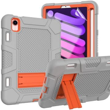 Nikcorp Oklopna futrola za iPad Mini 6 8,3" s postoljem i mjestom za olovku, troslojna zaštita od pada i udaraca, silikon i plastika, siva, idealna za djecu i odrasle