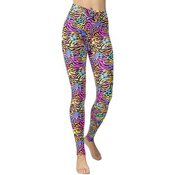 Nikcorp Ženske sportske tajice s uzorkom leoparda u stilu 80-ih, Rainbow boje, S-L, rastezljive, prozračne, za fitness, ples, festivale, casual, Hipi stil, visoki struk, 4-way stretch, premium sintetička