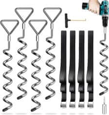 Nikcorp Kotva za trampolinu set 4 komada s remenima 2,5m, metalna 9mm debljine, vijčana montaža, za vrtne ljuljačke, šatore, paviljone, svestrana, izdržljiva, uključuje adapter i T-kuku