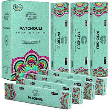 Nikcorp Mirisni štapići Pačuli (Patchouli) Prirodni Organski Aromaterapija Set 12 pakiranja, ručno motani u Indiji, 100% prirodni sastojci, bez kemikalija, za meditaciju, jogu, wellness, cca 45 min gorenja