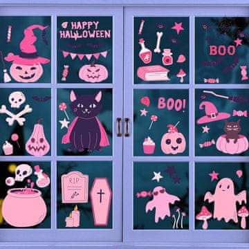 Nikcorp Višekratne Halloween Naljepnice za Prozore Set 72 kom, 9 Listova 30x20cm, PVC, Dvostrani Tisak, Samoljepljive, Bundeva, Kostur, Šišmiš, Pauk, Metla, Dekoracija Doma