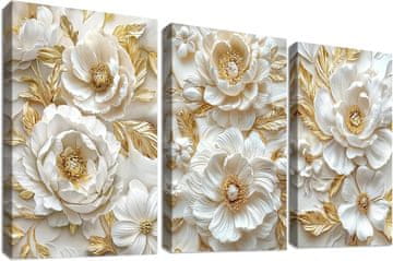 Nikcorp Set 3 zidne slike na platnu 50x70 cm, cvijeće božur, bež i zlatna boja, HD ispis, drveni okvir, spreman za montažu, univerzalni dizajn za dnevni boravak, spavaću sobu, ured, boho, minimalistički