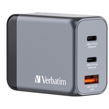 Verbatim Verbatim GNC-65 GaN punjač, 65W, 2x USB-C PD 65W / 1x USB-A QC 3.0 (EU/UK/US)