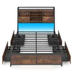 Costway Okvir kreveta 220x143x113 cm s LED stanicom, spremištem u uzglavlju i 4 ladice, metalna platforma bez opružne podloge