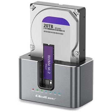 slomart Qoltec 2-u-1 stanica za kloniranje HDD/SSD SATA i M.2 NVMe, USB-C, 10Gb/s