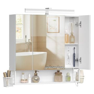 Songmics Ormarić s ogledalom 80x16.5x75 cm bijeli 3 ogledala vrata rasvjeta