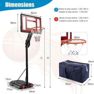 Costway Košarkaški obruč s postoljem i 2 kotača, podesive visine 105-260 cm, crni