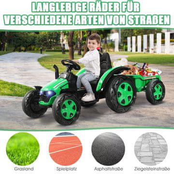 Costway Dječji električni traktor s prikolicom 151x68x70 cm zelene boje
