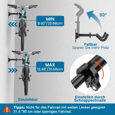 Nikcorp Zidni nosač za bicikl, sklopivi, podesivi, nosivost 30 kg, čelik, 26-35 cm, rotacija 360°, za MTB, cestovne, električne, gradske bicikle, ušteda prostora, sigurna montaža