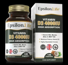 Epsilon Life Vitamin D3 4000 IU + K2 MK-7 s cinkom, borom i MCT uljem, 120 kapsula
