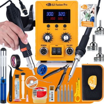 Rosfix Rosfix S2 Fusion Pro 760W 2w1 - stanica za lemljenje vrućim zrakom i lemilicom | LCD | ESD | Spajalica za plastiku | Raspon 100-480°C | Set 16w1 u organizatoru | PDF priručnik
