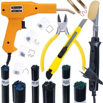Rosfix Rosfix DualWeld 5w1 - Komplet za zavarivanje plastike: toplinski pištolj + spajalica + ljepilo PP/PE + ABS/PC 50g + PP/EPDM crna 50g | 200 spajalica | Popravci branika, kućišta, zaštita