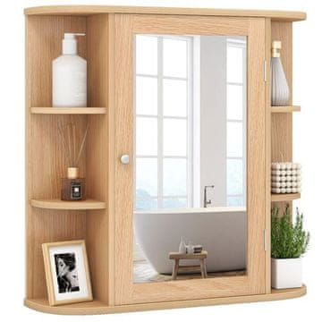 Costway Zidna kupaonska ormarić 66x16,5x60 cm prirodni s 1 ogledalnim vratima i 10 polica