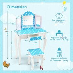 Costway Dječji toaletni stol s tabureom, trostruko sklopivo ogledalo, ladica, točkasti plavi