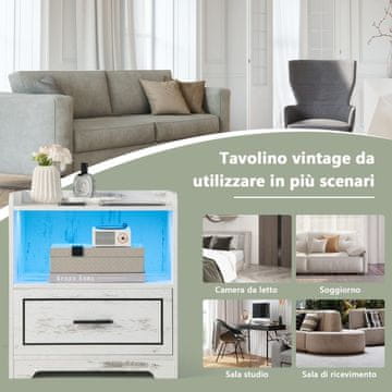 Costway Set od 2 noćna ormarića s LED svjetlom, USB priključkom i Type-C punjačem, bijeli