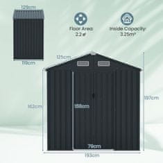 Costway Vrtni spremnik za alat 193x129x196 cm Sivi Galvanizirani metalni okvir