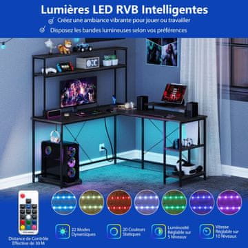 Costway L-oblik radnog stola za igranje s LED trakom i utičnicama siva