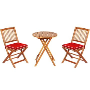 Northix Sklopivi bistro set od akacijevog drva za terasu, 3 dijela, crveni jastuci