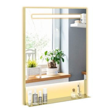 Costway LED kupaonsko ogledalo 80x60 cm s policom, aluminijski okvir, protiv magljenja, 3 boje osvjetljenja, zlatno