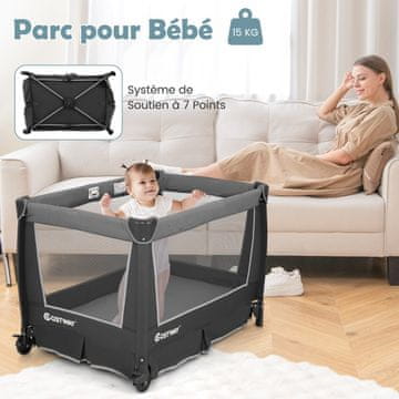 Costway 5-u-1 sklopivi putni krevetić za bebe s košarom, pultom za presvlačenje, madracem, torbom i zaključivim kotačićima, sivi