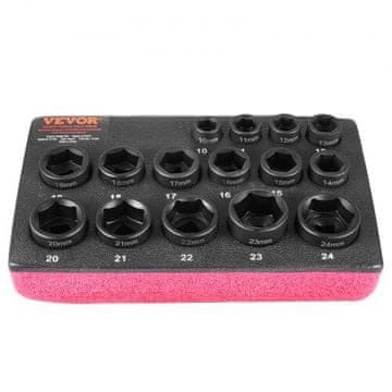 VEVOR Set udarnih nasadnih ključeva 15 komada, ultra kratki metrički 10-24mm, 195x120x30 mm
