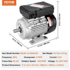 VEVOR Električni motor 0.55KW 1400 o/min Jednofazni 290x160x215 mm Osovina 19mm