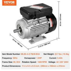 VEVOR Električni motor 0.75KW 1400 okr/min Jednofazni 290x160x215 mm