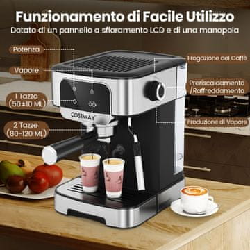 Costway Aparat za kavu 1200W 20 Bar, crno i srebrno