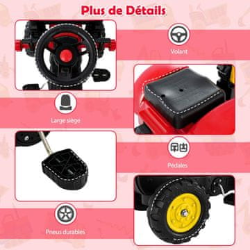 Costway Dječji traktor 3-u-1 sa 6 kotača, igračka lopata, odvojiva prikolica, upravljač i sirena, crveni