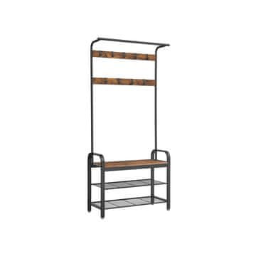 Songmics Stalak za kapute s klupom za odlaganje cipela, 33.7x84x183 cm, smeđa i crna
