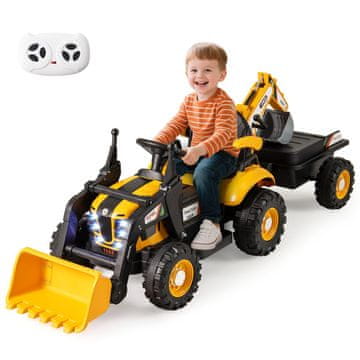 Costway Električni traktor s prikolicom i lopatom na daljinsko upravljanje 12V, vozilo za djecu, žuti