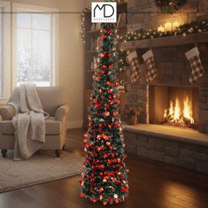Umjetna božićna jelka POP UP crvena 150 cm sklopiva s postoljem, LED dekoracije 3m MORE&DECO
