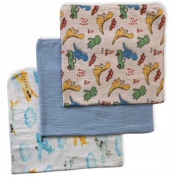 3-pak minih pelena za bebe muslin 38x38 krpice, oblaci dinosauri plava