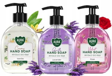 AURA Komplet 3x300 ml AURA Care tekući sapun za ruke s dozatorom, lavanda ruža vanilija