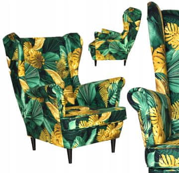 Fotel uszak skandinavski Family Meble print lišće zeleno žuto Monstera