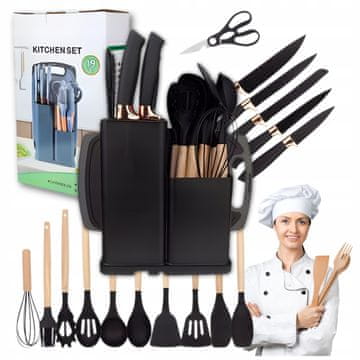 Set noževa s blokom i komplet kuhinjskog silikonskog pribora, 19 komada, crni