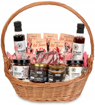 Košara za darove veliki set čajeva od srca, pletena, med, čokolada, sirup