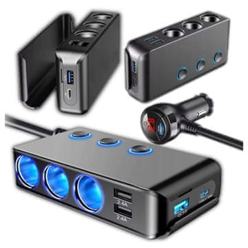 Razdjelnik za auto utičnicu upaljača, adapter 12-24V, 3xUSB i USB-C