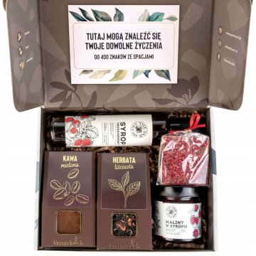 Poklon set s čajem, kava čokolada sirup i maline u sirupu kutija