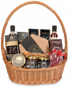 Košarica s mednom tartufom set čaja i delikatesa premium