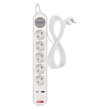 EMOS P1523FC produžni kabel 3 m / 5 utičnica / s prekidačem / 1×USB-A + 1×USB-C / 1,5 mm2 / bijelo-sivi