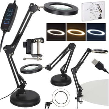 Northix LED stolna lampa s 3x povećalom, stezaljkom ili postoljem, USB