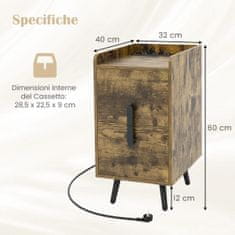 Costway Noćni ormarić 40x32x60 cm rustikalno smeđi s 2 ladice i USB priključcima
